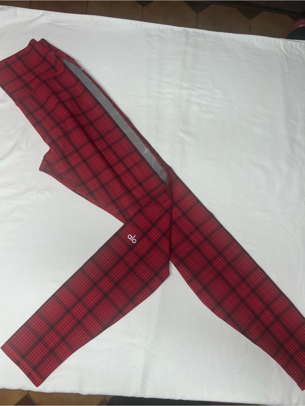 ALO Yoga Kids Red Plaid Leggings with Side Stripe